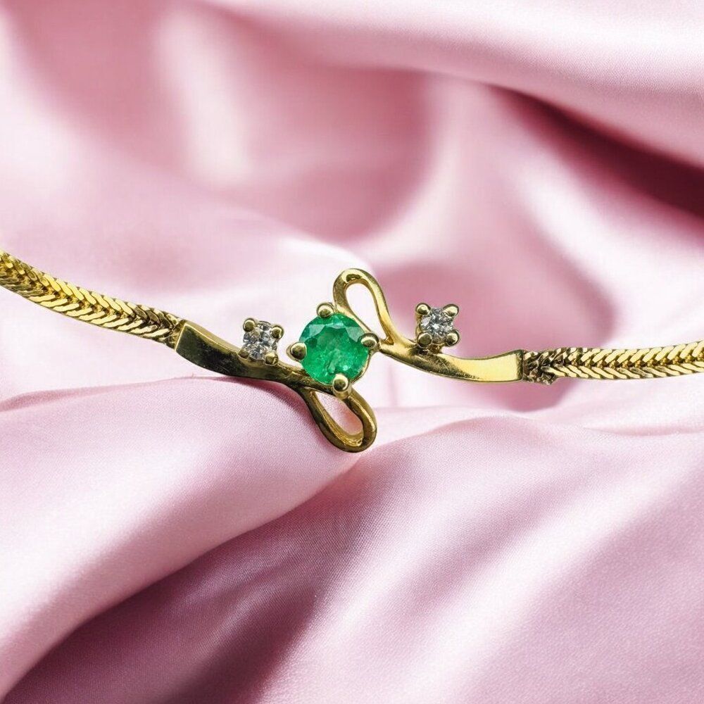 18K Gold Colombian Emerald & Diamond Bracelet- 750 Gold -6.5"- Herringbone -2.6g - Picture 2 of 16